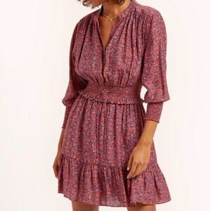Rebecca Minkoff Chloe Floral Casual Smocked Waist Tiered Mini Dress Brown Red S
